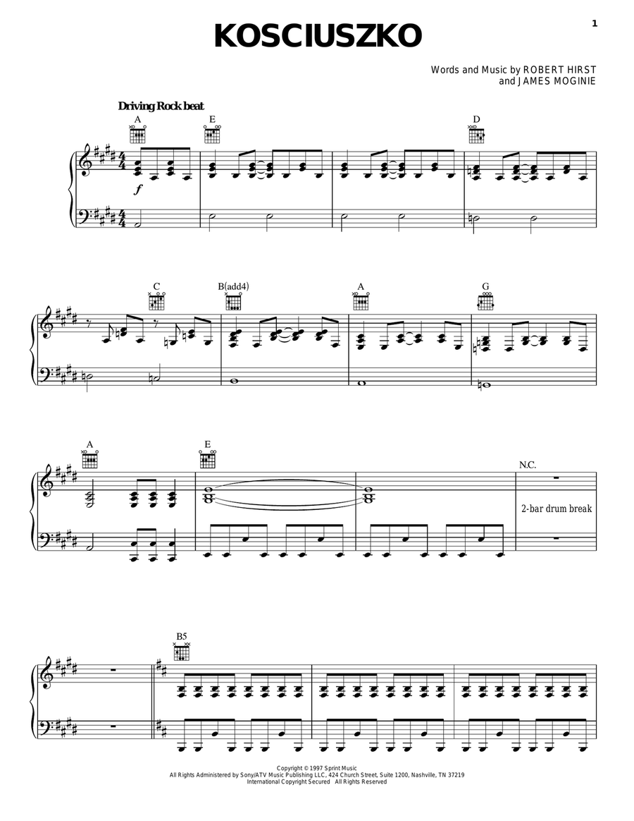Kosciuszko Piano, Vocal, Guitar scores gallery preview page 1