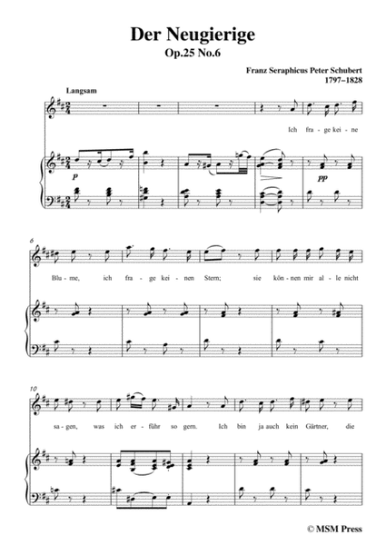Schubert-Der Neugierige,from 'Die Schöne Müllerin',Op.25 No.6,in D Major,for Voice&Piano image number null