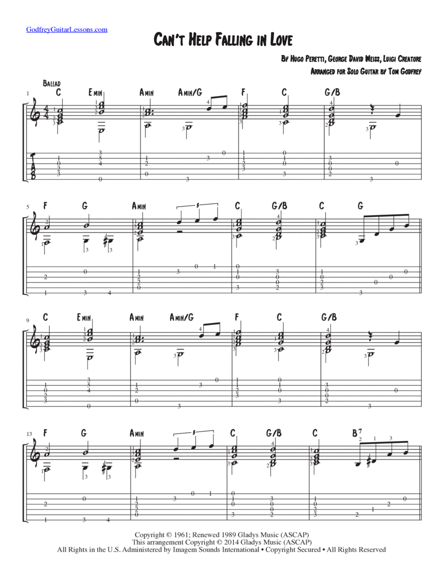 Can't Help Falling In Love Guitar Tablature scores gallery preview page 1