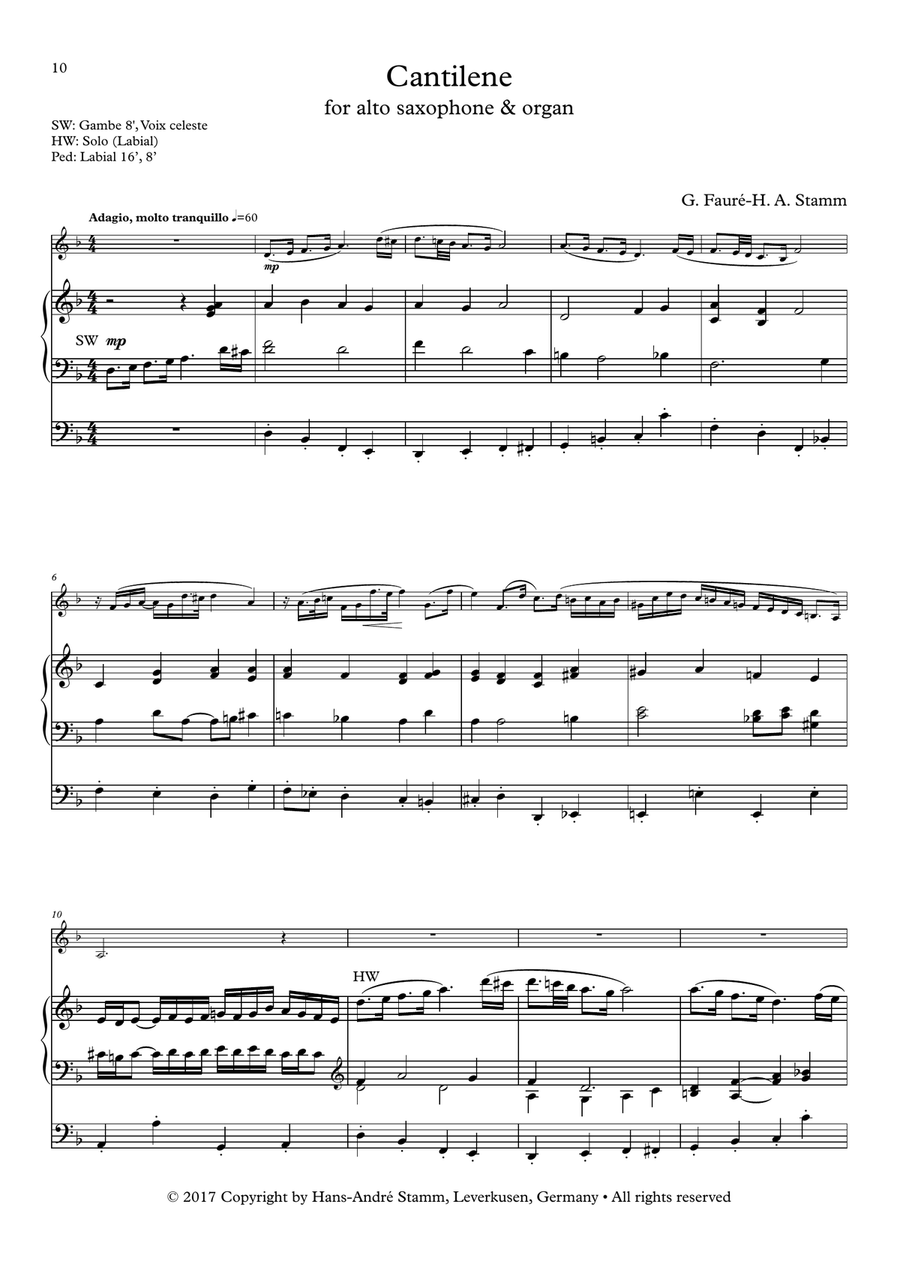 Cantilene for alto saxophone & organ by Fauré-Stamm Woodwind Duet scores gallery preview page 2