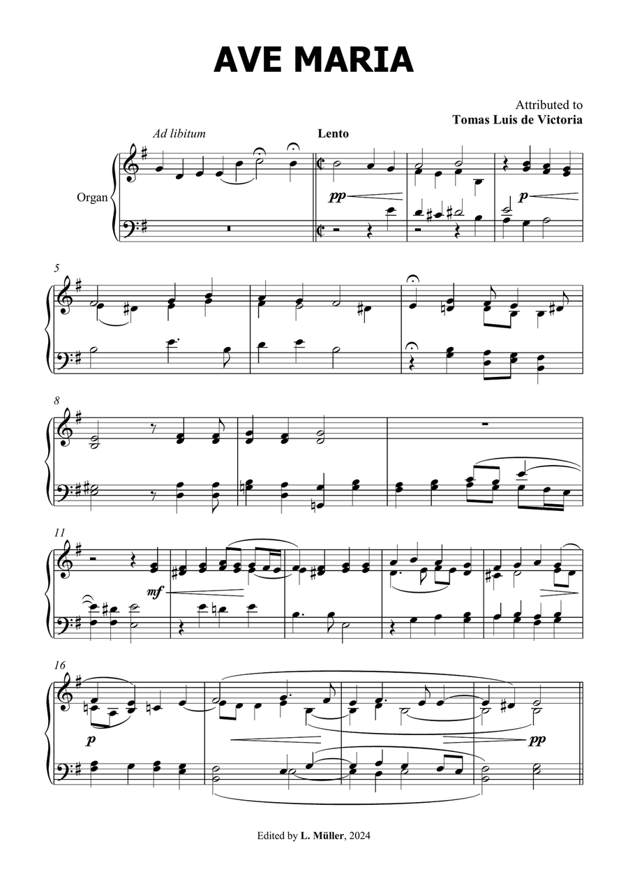 Ave Maria - Tomas Luis de Victoria - for Organ or Piano Solo - in G Major A Cappella scores gallery preview page 1
