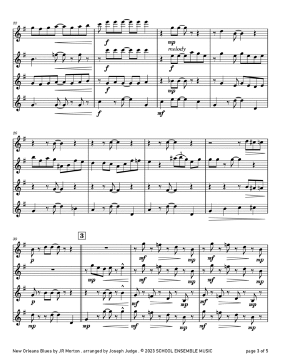 New Orleans Blues by Morton for Clarinet Quartet in Schools Clarinet Quartet scores gallery preview page 3