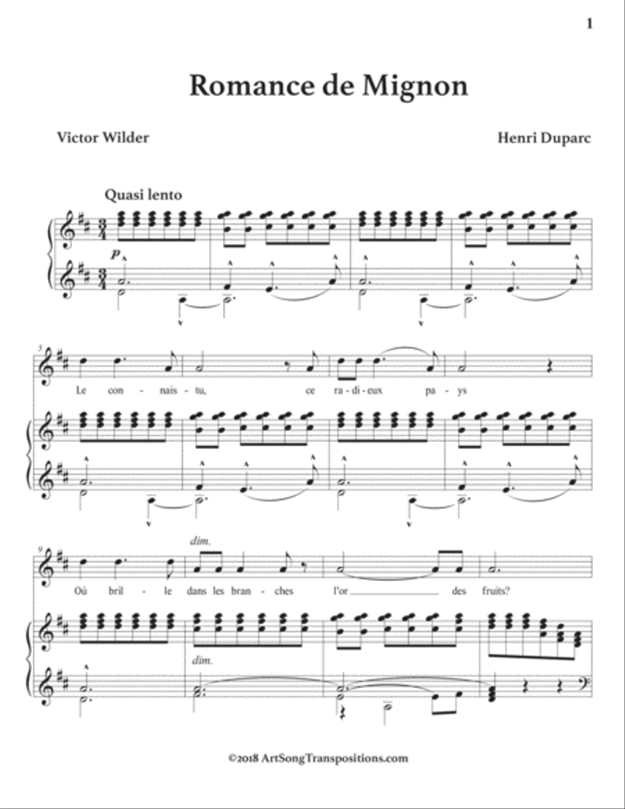 DUPARC: Romance de Mignon (transposed to D major) Voice scores gallery preview page 2