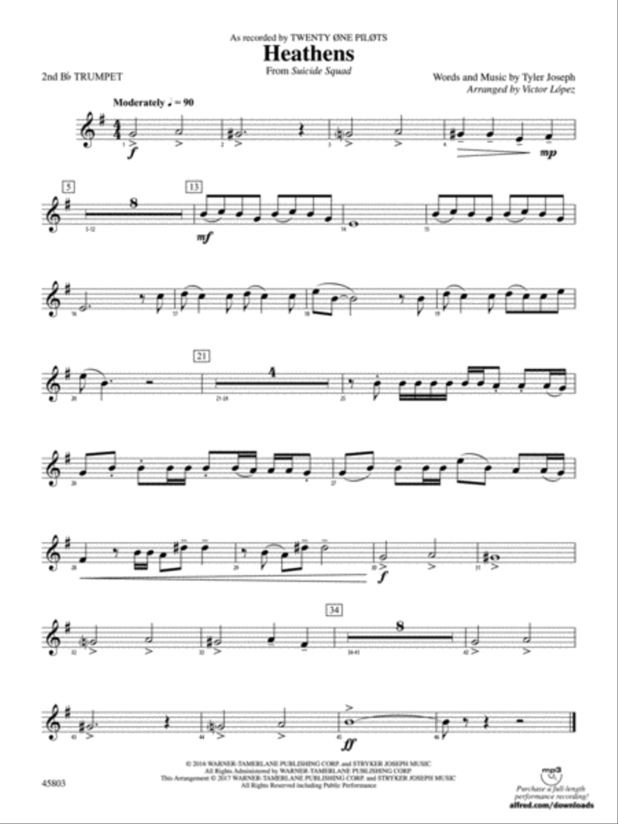 Heathens: 2nd B-flat Trumpet Concert Band scores gallery preview page 1