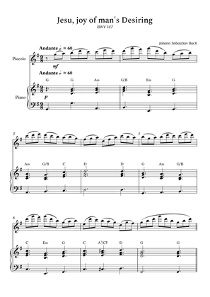 Jesu, joy of man's Desiring for Piccolo and Piano (With Chords) - Score and Parts