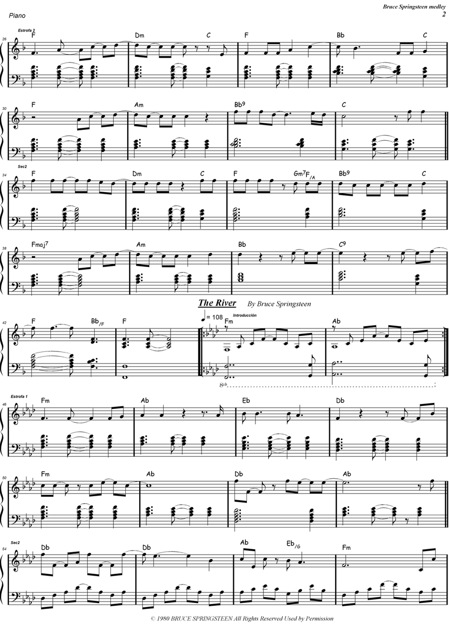 Medley: Thunder Road with The River, Dancing In The Dark, and Racing In The Street Piano Solo scores gallery preview page 2