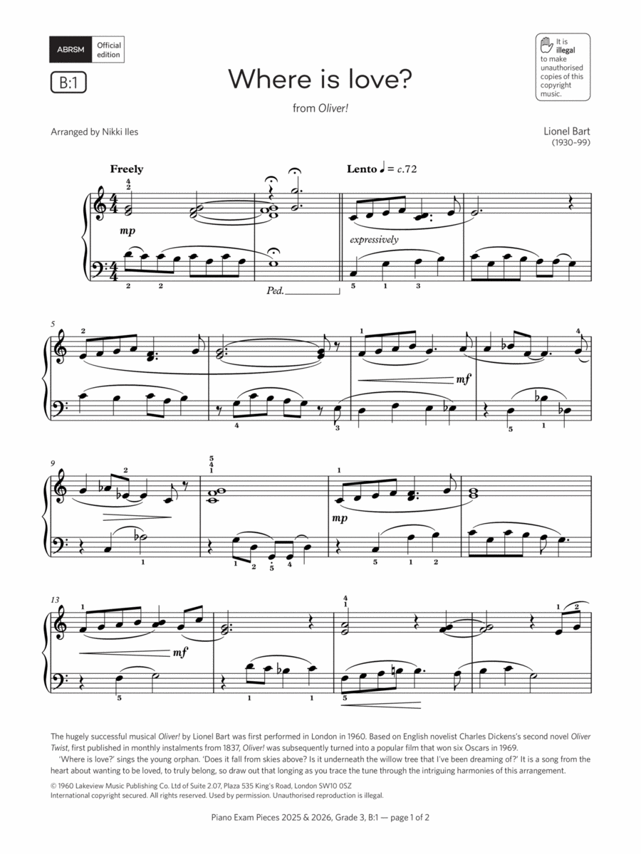 Where is love? (Grade 3, list B1, from the ABRSM Piano Syllabus 2025 & 2026) Piano Method scores gallery preview page 1