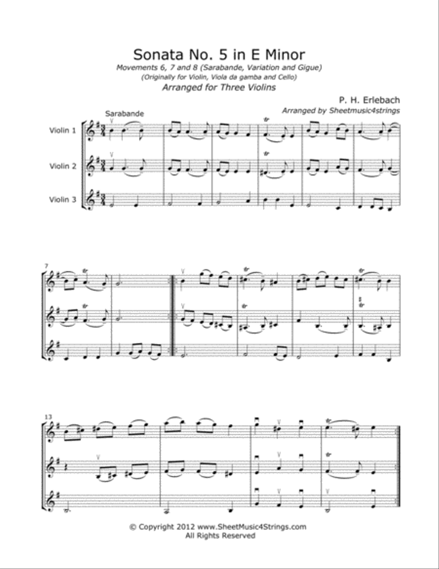 Erlebach, P. - Sonata No. 5 (Mvt. 6) for Three Violins String Trio scores gallery preview page 1