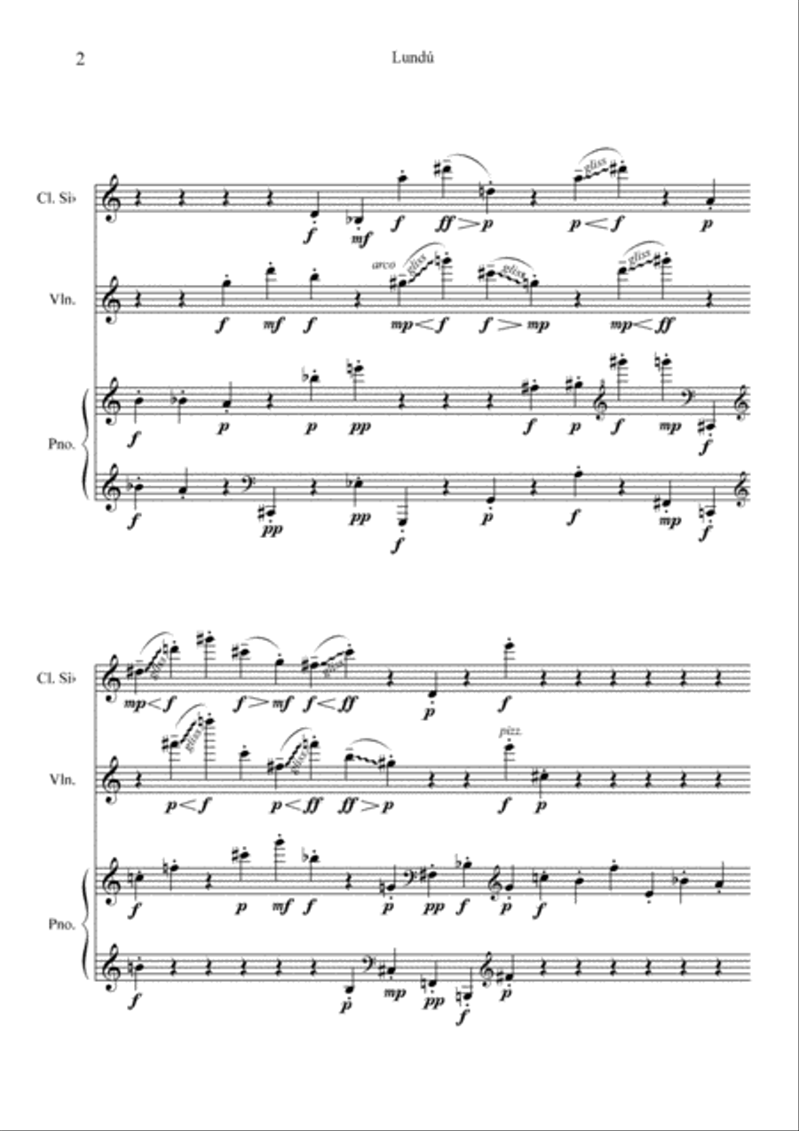 Lundú, for Clarinet, Violin and Piano Small Ensemble scores gallery preview page 2