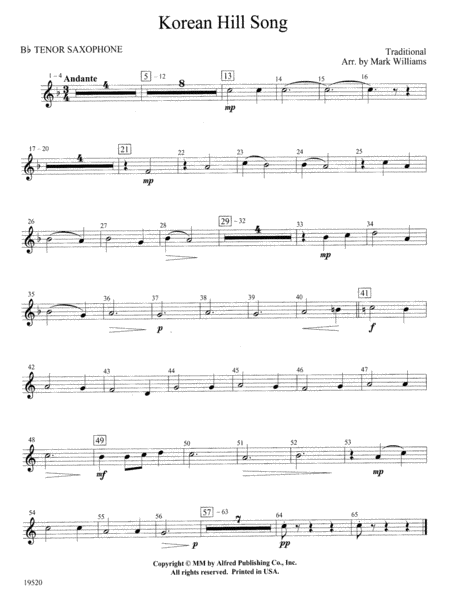 Korean Hill Song: B-flat Tenor Saxophone