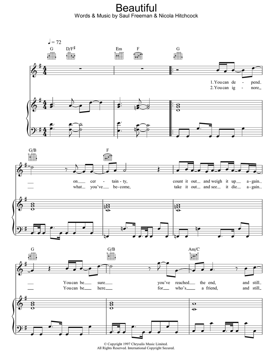 Beautiful Piano, Vocal, Guitar scores gallery preview page 1