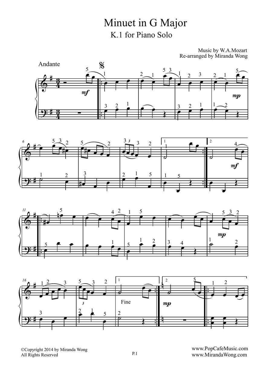 Minuet in G Major K.1 - Piano Solo (With Fingerings) Easy Piano scores gallery preview page 2