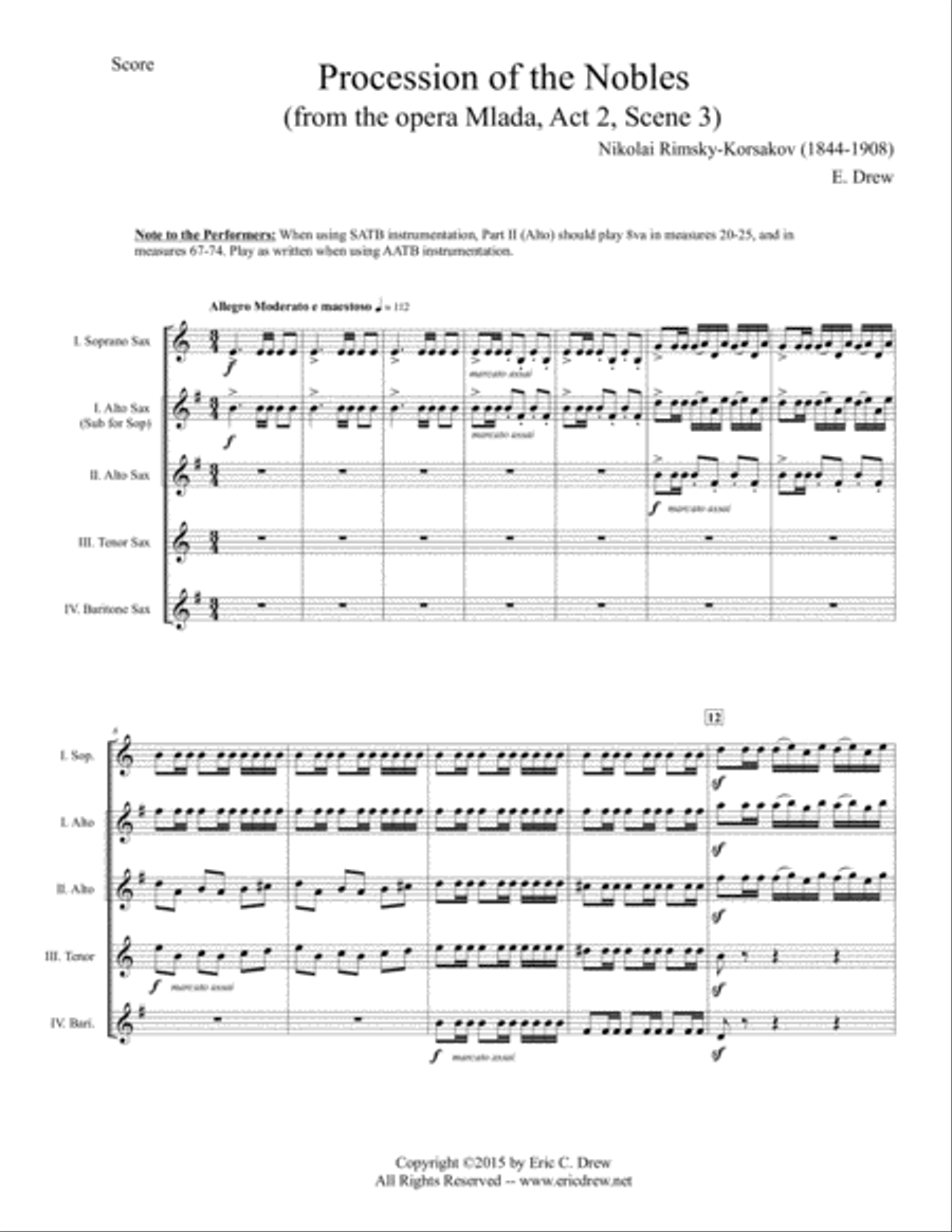 Procession of the Nobles (from the Opera Mlada, Act 2, Scene 3) Saxophone Quartet scores gallery preview page 3