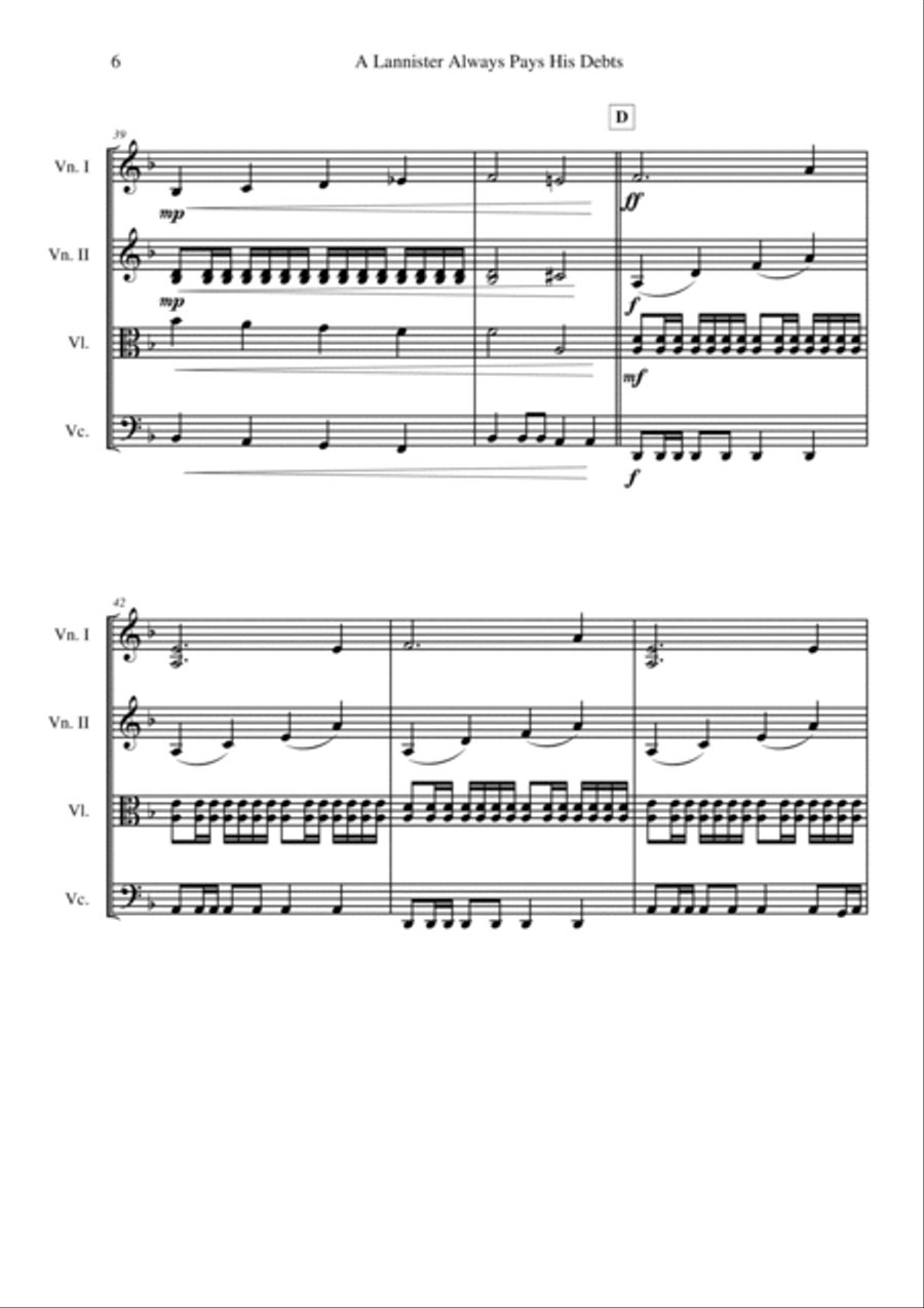 A Lannister Always Pays His Debts String Quartet scores gallery preview page 6