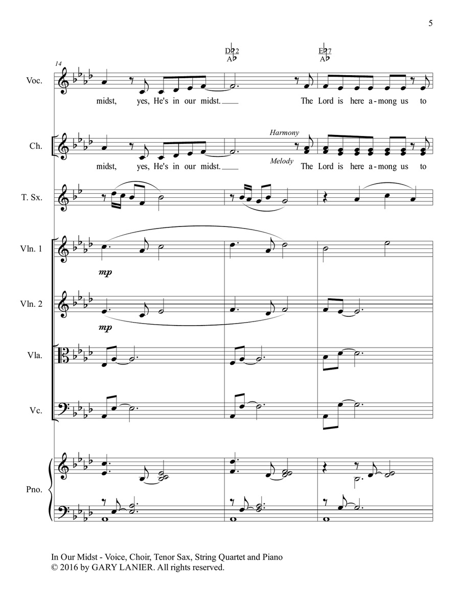 Gary Lanier: IN OUR MIDST (Worship - For Voice, Choir, Tenor Sax, String Quartet and Piano with Part Choir scores gallery preview page 6