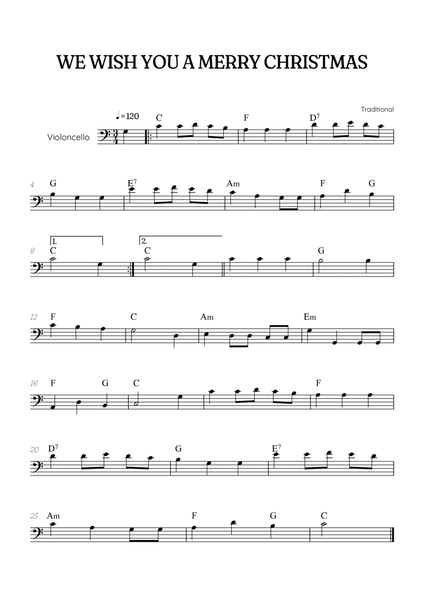 We Wish You a Merry Christmas for cello • easy Christmas sheet music with chords image number null