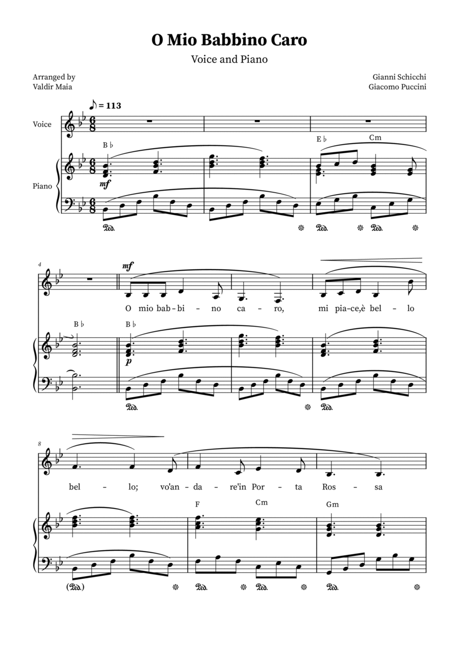 O Mio Babbino Caro - Male Voice in B-flat Major (with chords) Voice scores gallery preview page 1