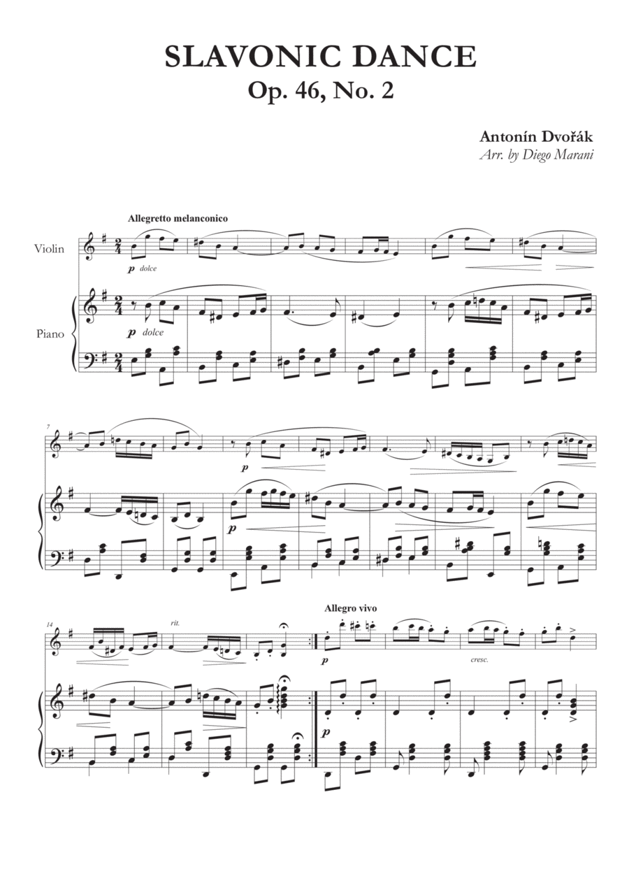 Slavonic Dance Op. 46 No. 2 for Violin and Piano by Antonin Dvorak