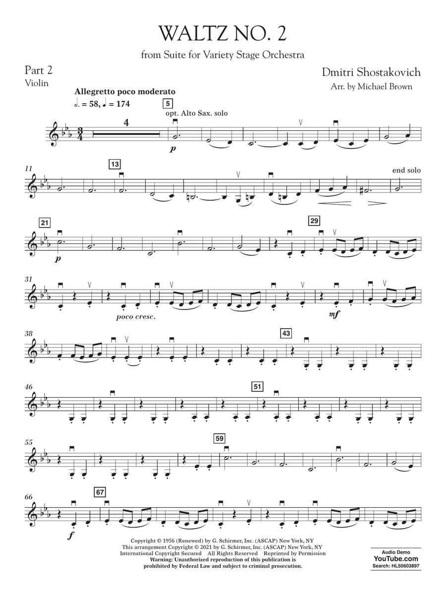 Waltz No. 2 (from Suite for Variety Stage Orchestra) (arr. Brown) - Pt.2 - Violin