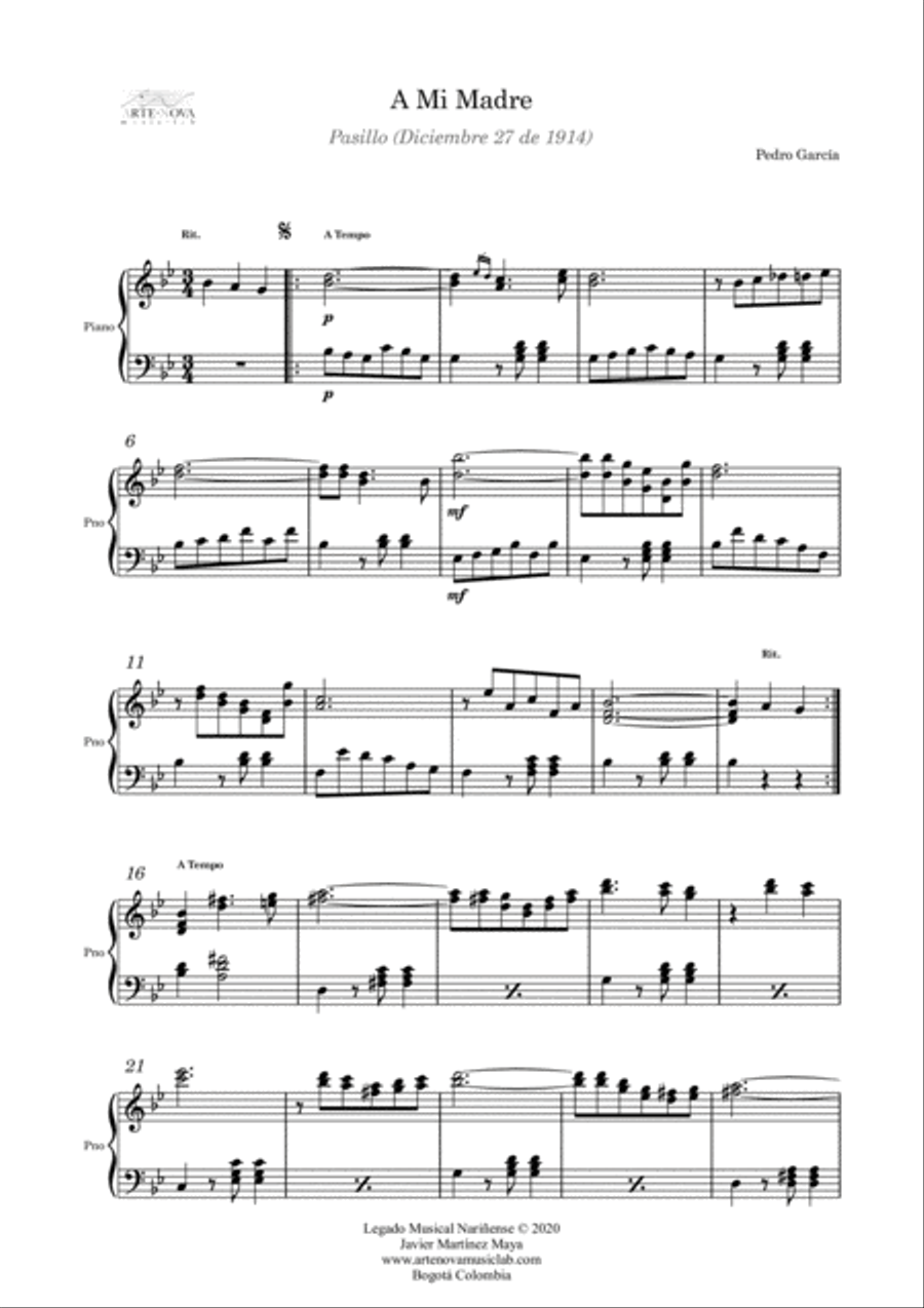A mi Madre - Pasillo for Piano (Folk Latin Music) Piano Solo scores gallery preview page 2