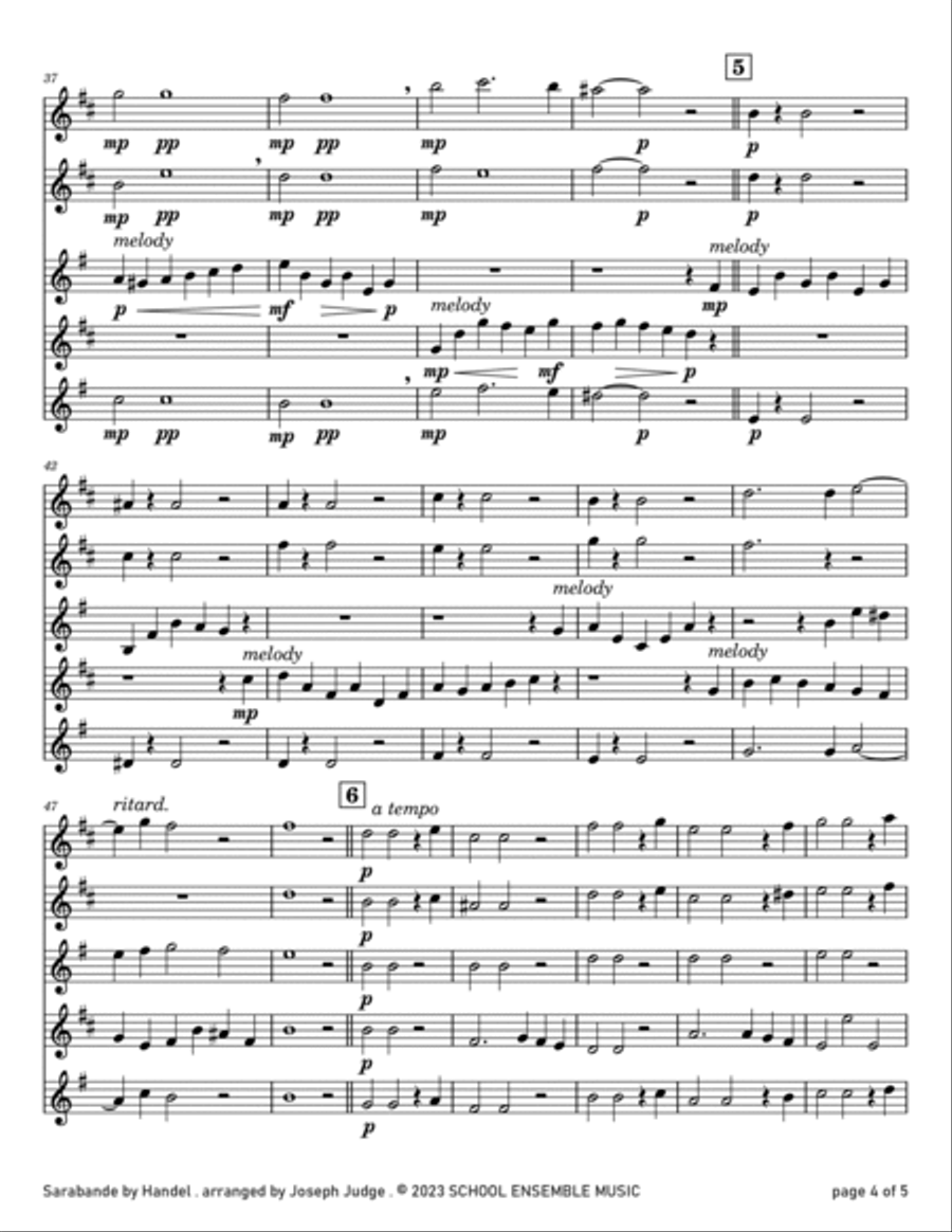 Sarabande by Handel for Saxophone Quartet in Schools Saxophone Quartet scores gallery preview page 4