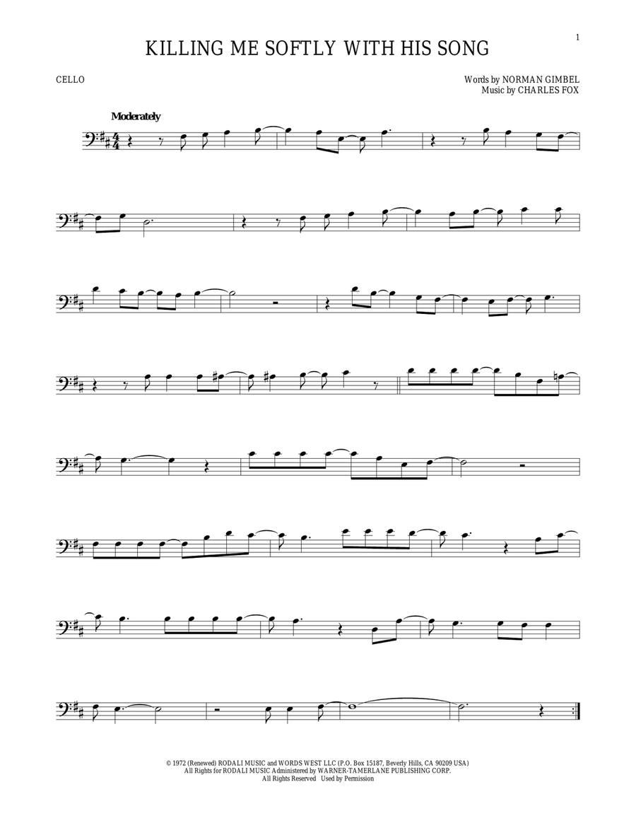 Killing Me Softly With His Song Cello Solo scores gallery preview page 1