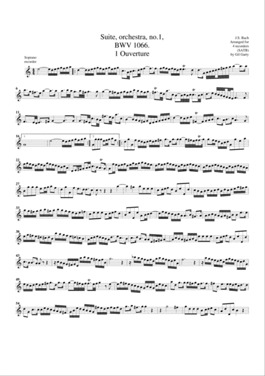 Suite for orchestra no.1, BWV 1066 (arrangement for 4 recorders) Recorder scores gallery preview page 1