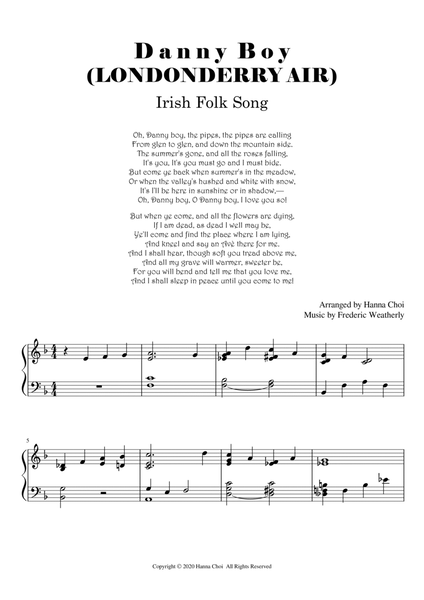 Danny Boy (Londonderry Air/Irish Folk song) for Piano Solo