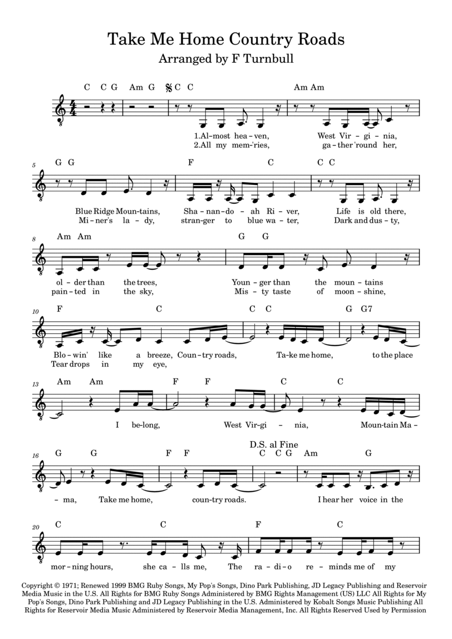 Take Me Home, Country Roads Piano, Vocal, Guitar scores gallery preview page 1