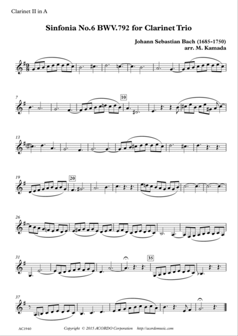 Sinfonia No.6 BWV.792 for Clarinet Trio image number null