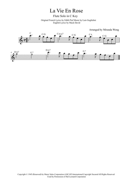 La Vie En Rose - Flute or Oboe Solo in C Key (With Chords) image number null