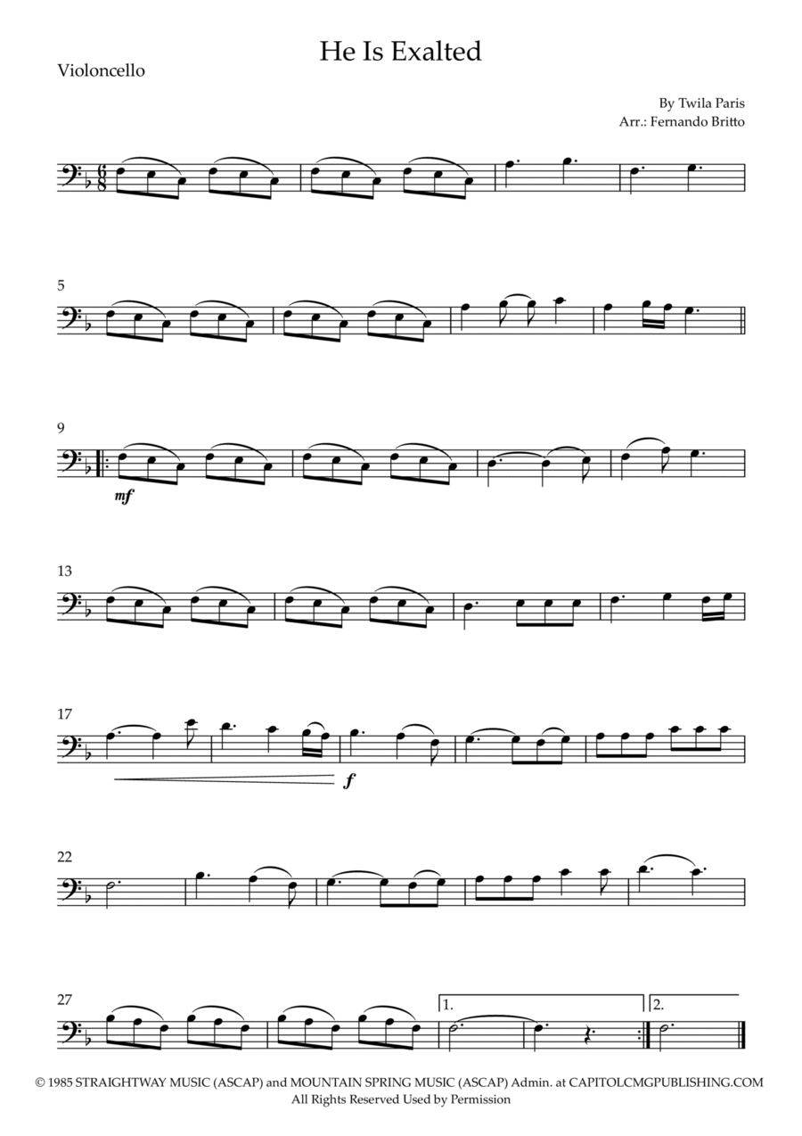 He Is Exalted Cello Solo scores gallery preview page 1