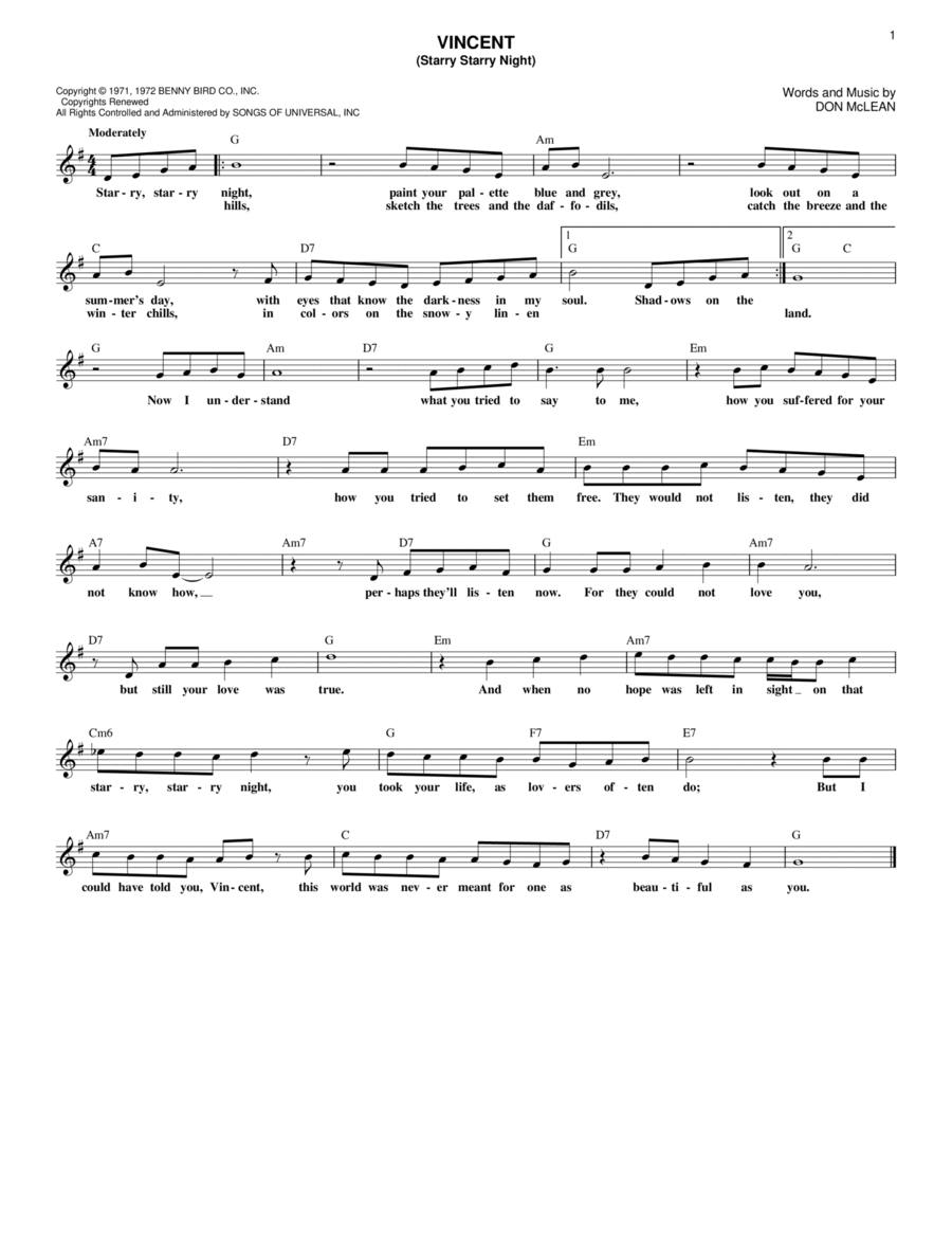 Vincent (Starry Starry Night) Piano scores gallery preview page 1