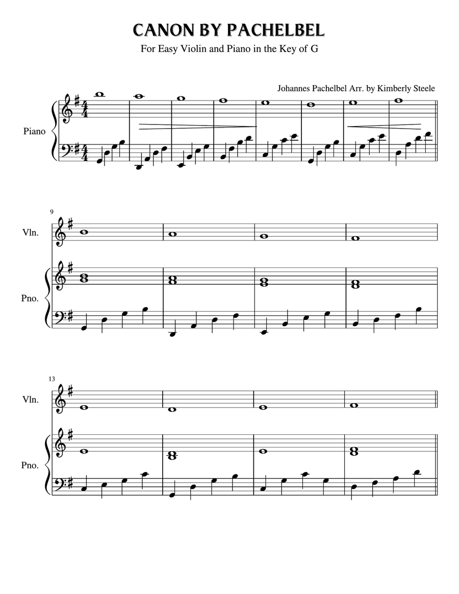 Canon by Pachelbel in the Key of G for Easy Violin and Piano Violin Solo scores gallery preview page 1