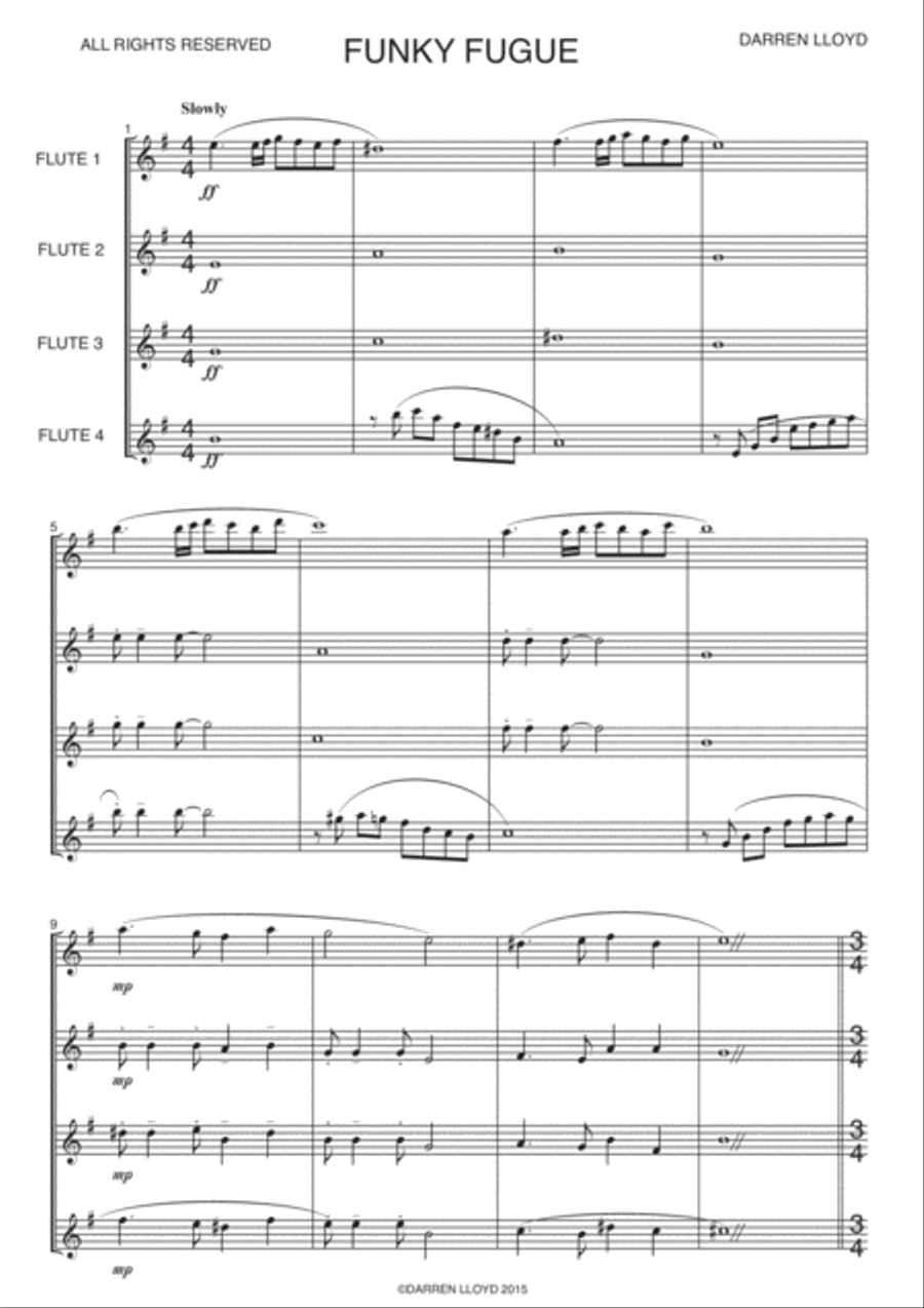 Funky fugue - Flute quartet Flute Quartet scores gallery preview page 1