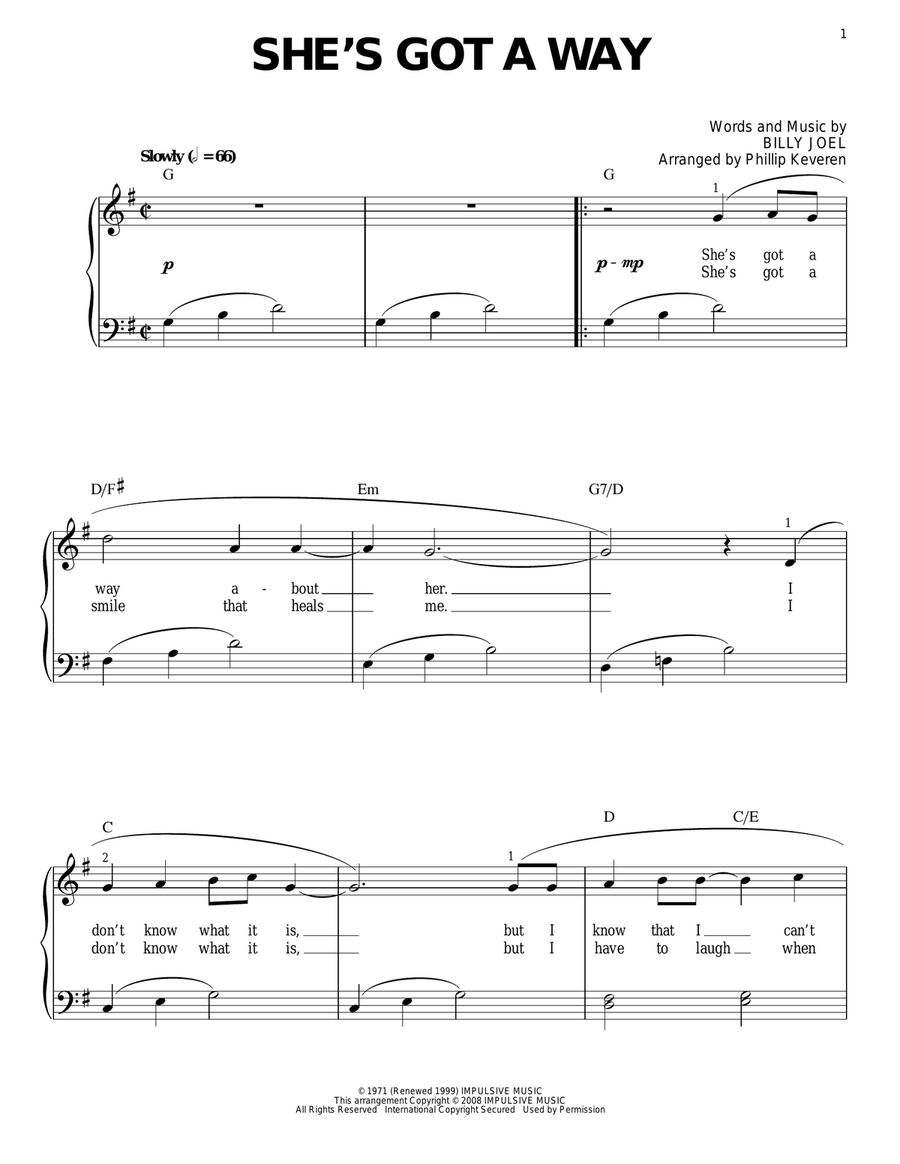She's Got A Way (arr. Phillip Keveren) Easy Piano scores gallery preview page 1