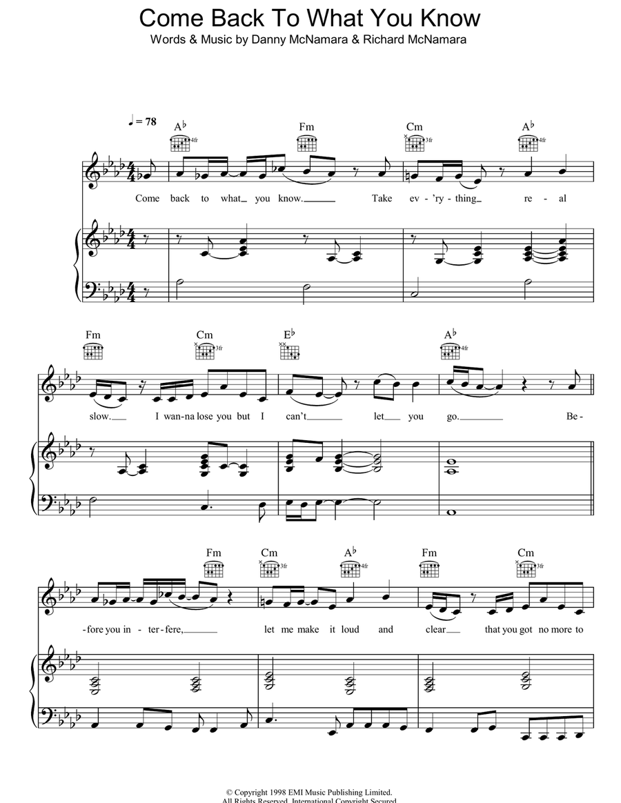 Come Back To What You Know Piano, Vocal, Guitar scores gallery preview page 1