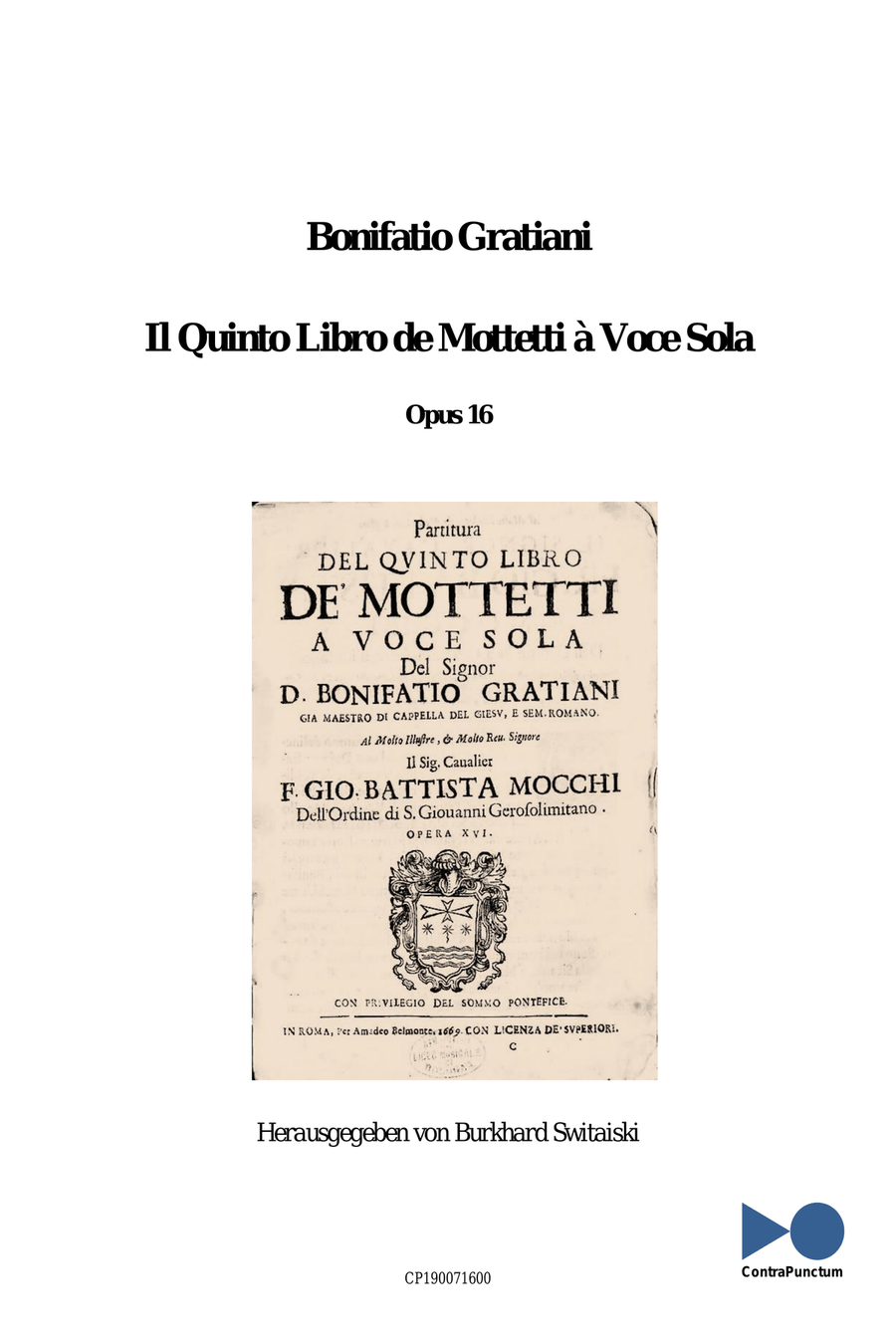 Gratiani, Bonifatio: Il Quinto Libro de Mottetti à Voce Sola, Roma 1669 Soprano Voice scores gallery preview page 1