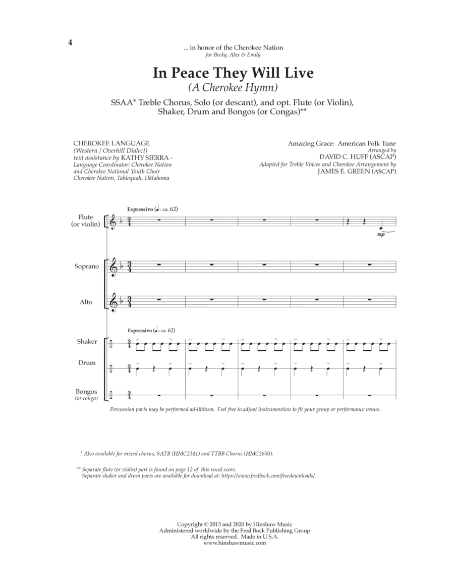 In Peace They Will Live (A Cherokee Hymn) SSAA scores gallery preview page 1