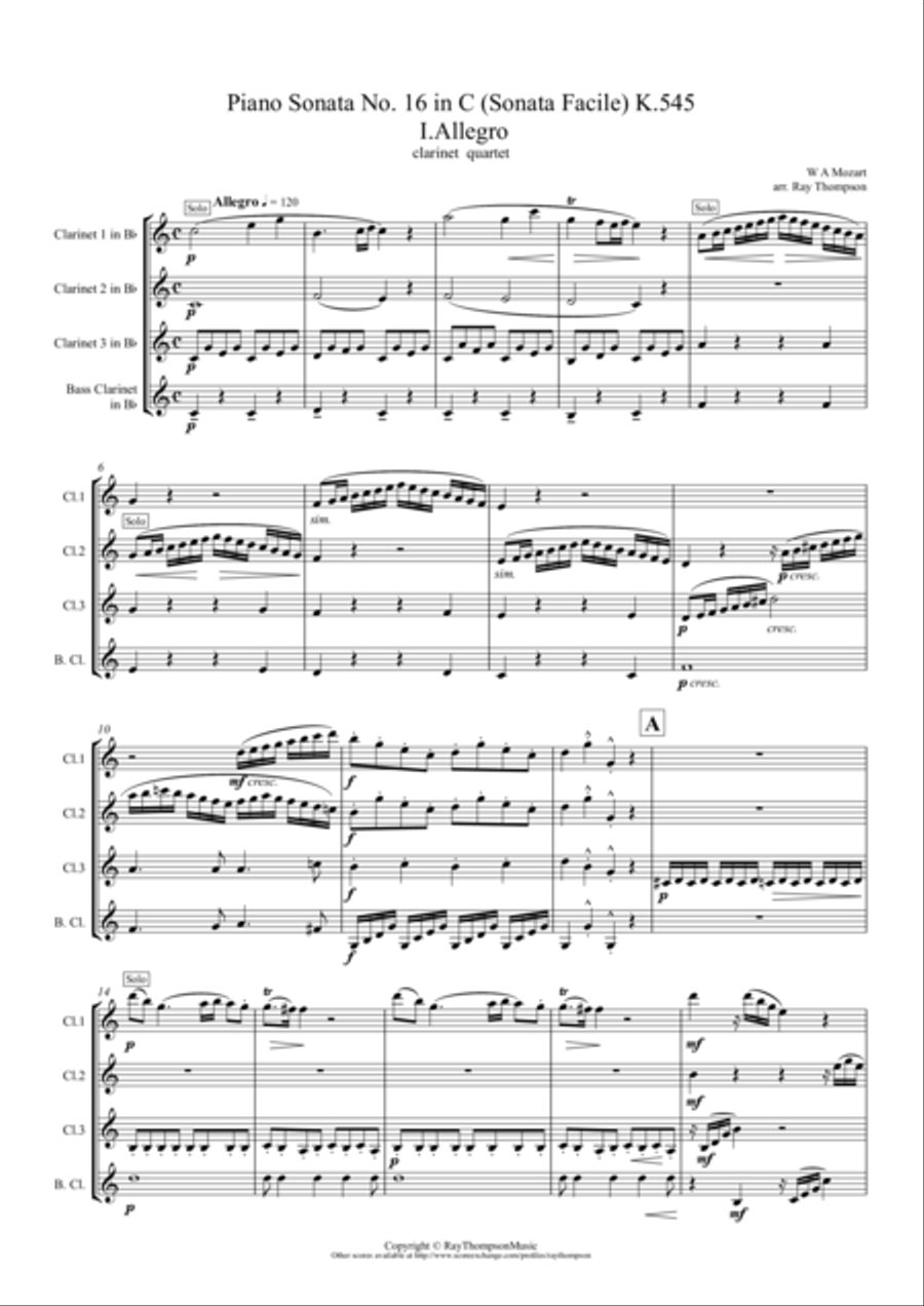 Mozart: Piano Sonata No.16 in C (Sonata Facile) K545 Mvt.I Allegro - clarinet quartet Woodwind Ensemble scores gallery preview page 1