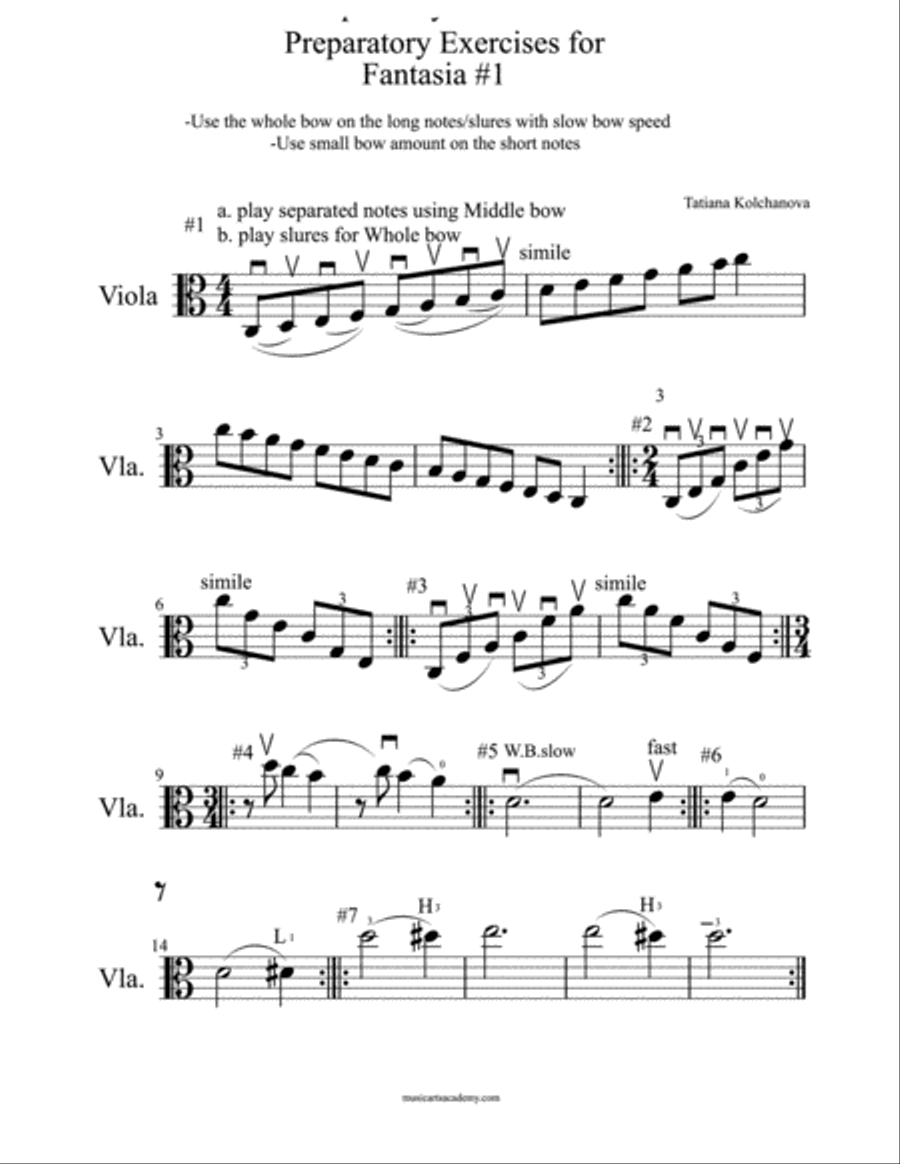 Fantasia #1+ Preparatory Exercises, early intermediate level. Viola Solo scores gallery preview page 2