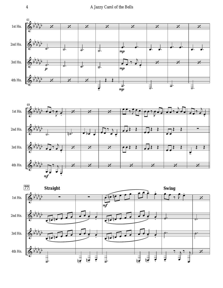 Carol of the Bells (Jazz Waltz for Horn Quartet) Brass Quartet scores gallery preview page 4