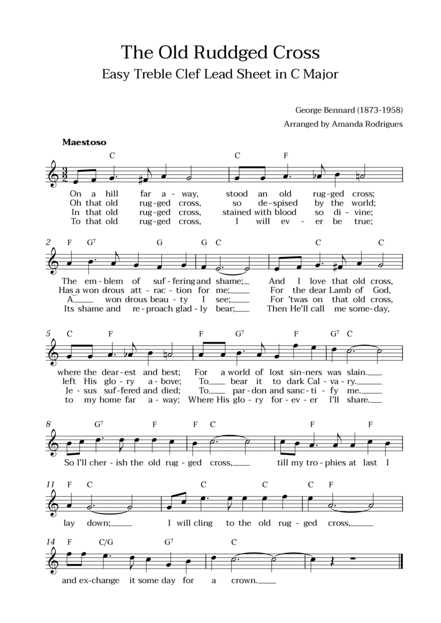 The Old Rugged Cross in C Major - Easy Treble Clef Lead Sheet Easy Piano scores gallery preview page 1