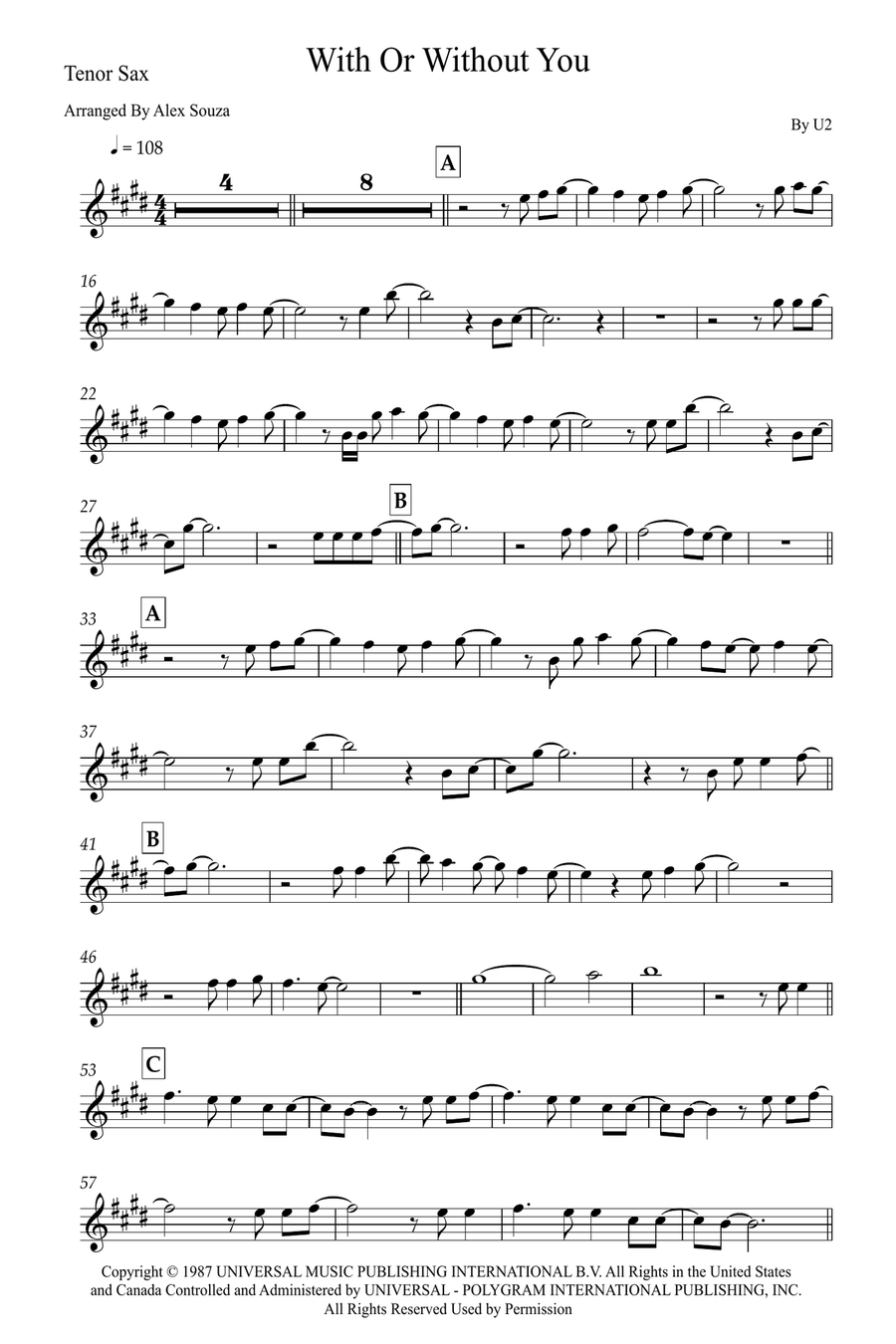 With Or Without You Tenor Saxophone scores gallery preview page 1
