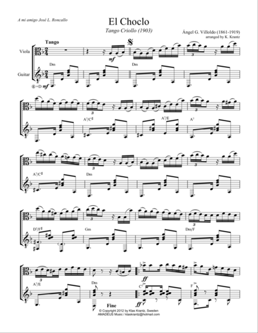 El choclo (tango) for viola and guitar El choclo (tango) for viola and guitar String Duet scores gallery preview page 1