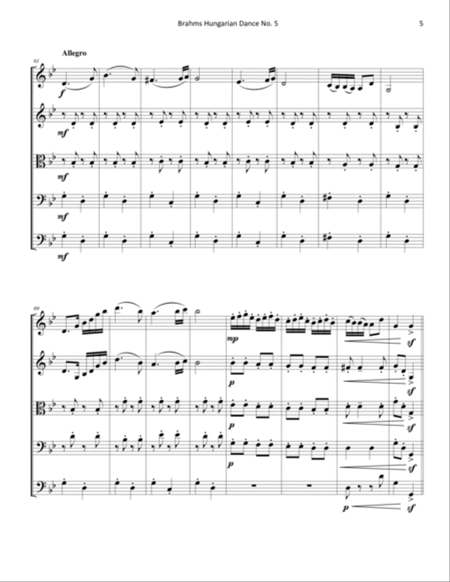 Hungarian Dance No. 5, by Johannes Brahms, for string quintet or string orchestra String Orchestra scores gallery preview page 5