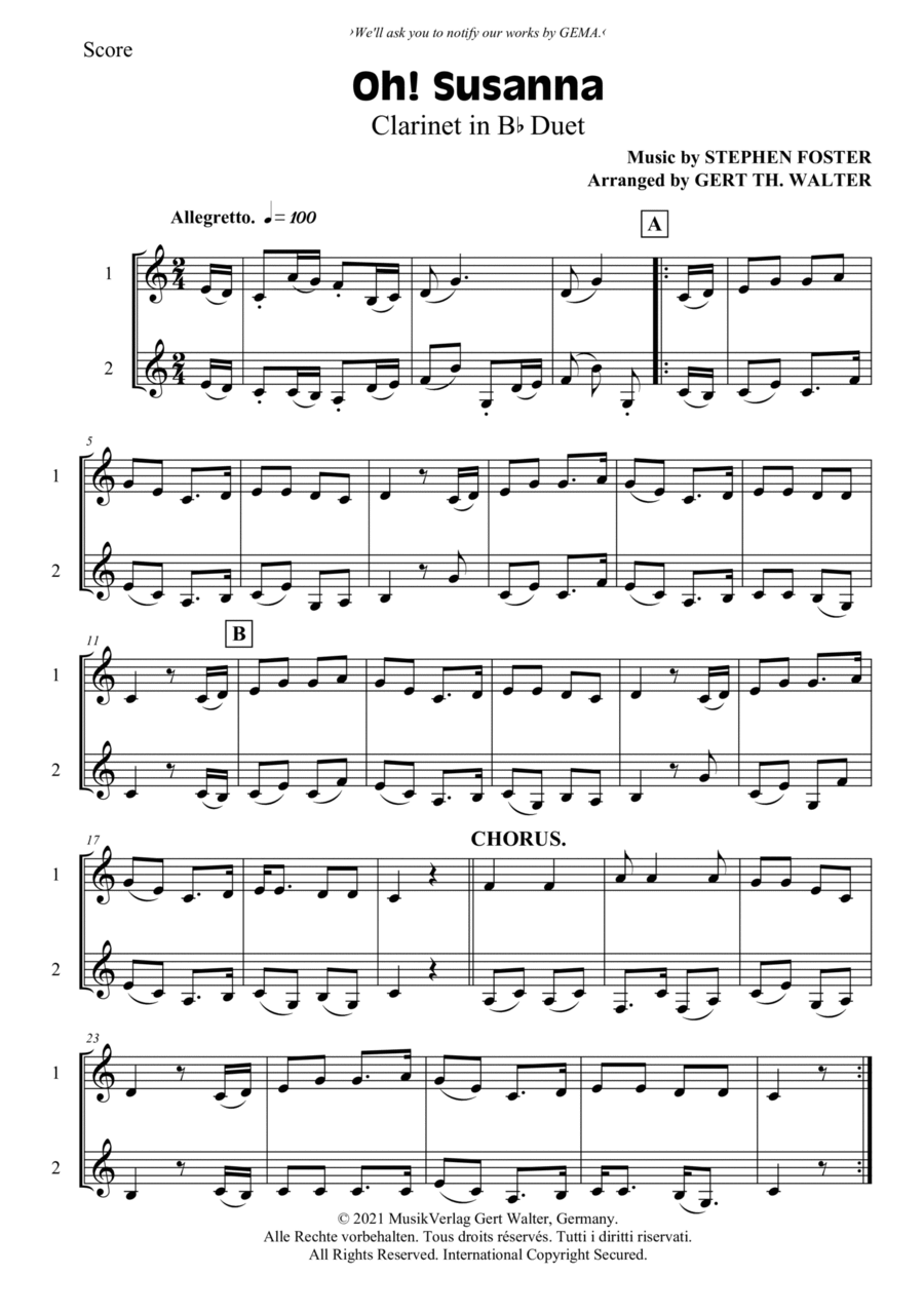 Oh! Susanna Oh! Susanna Clarinet Duet scores gallery preview page 1