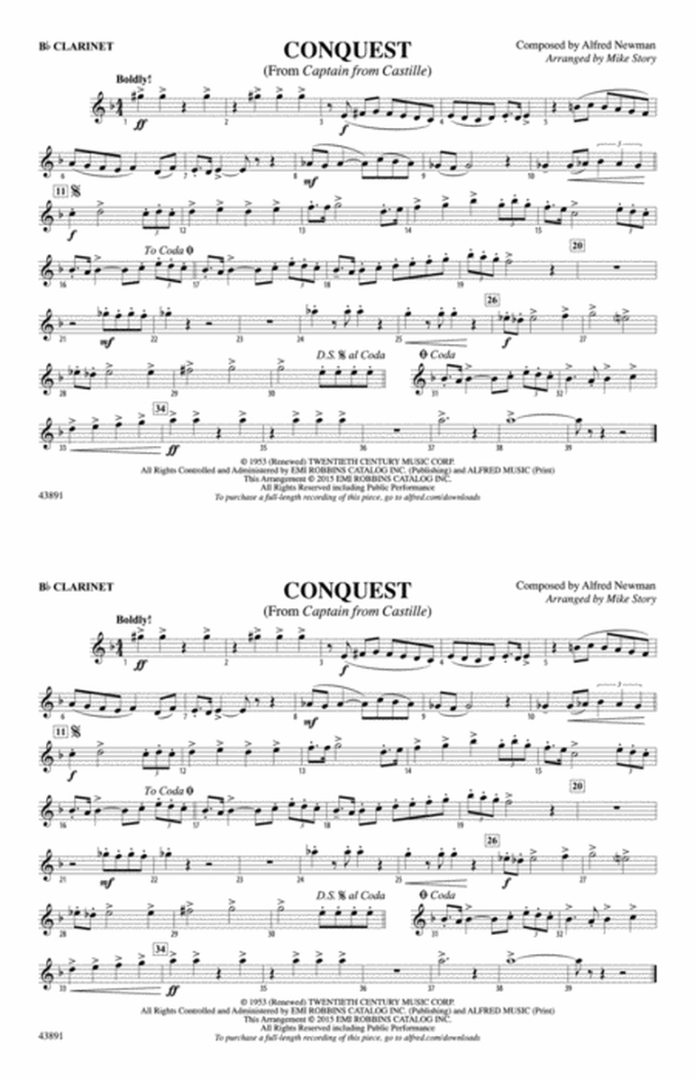 Conquest (from Captain from Castille): 1st B-flat Clarinet