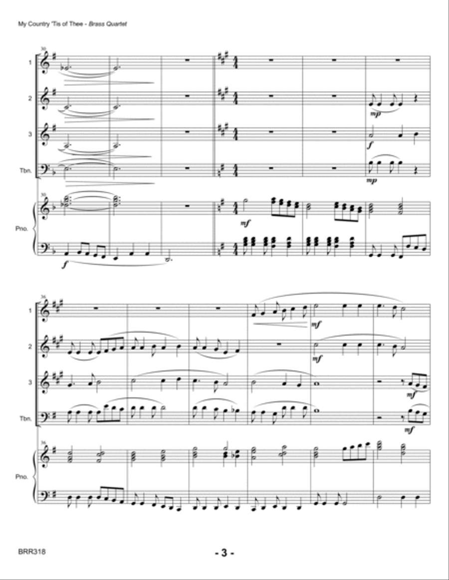 MY COUNTRY TIS OF THEE - BRASS QUARTET with Piano accompaniment Brass Quartet scores gallery preview page 3