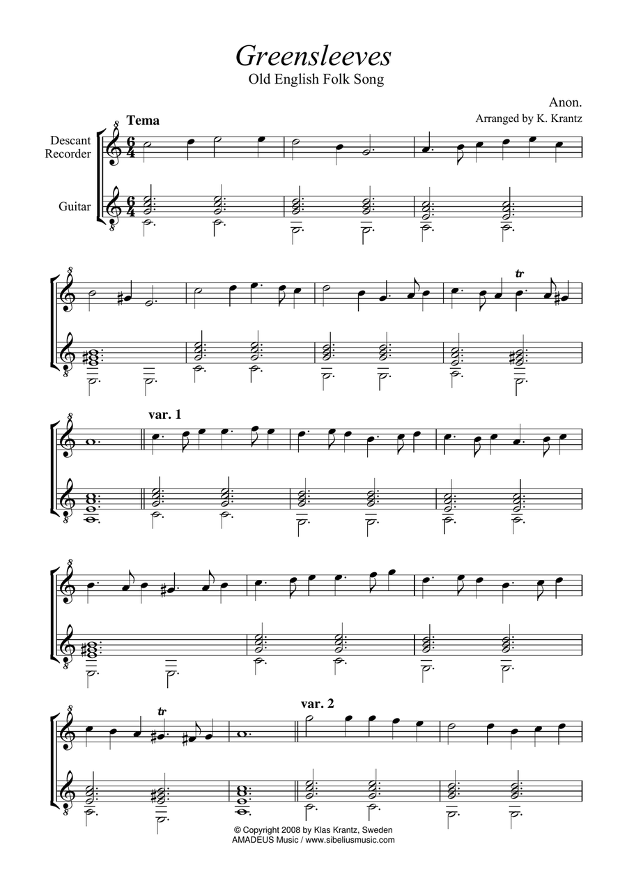 Greensleeves variations for descant recorder and guitar Soprano Recorder scores gallery preview page 2